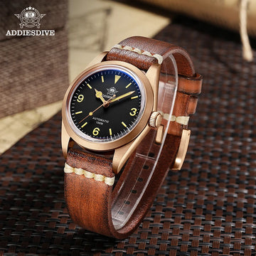 ADDIESDIVE New Bronze Watch For Men 36mm Luminous 10Bar Bubble Mirror Pot Cover Glass CUSN8 Solid Bronze PT5000 Automatic Watch