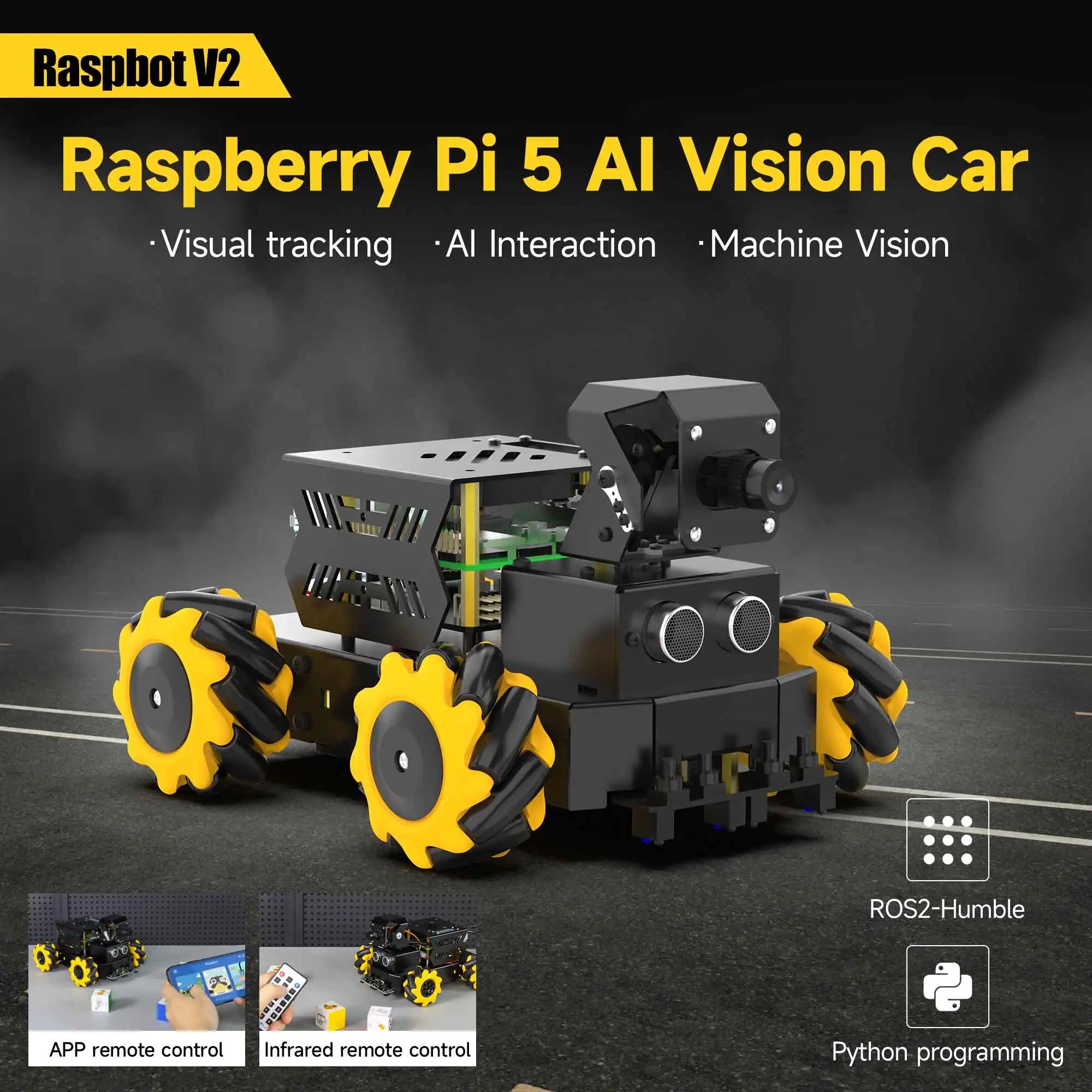 4WD Raspbot V2 AI Robot Car Kit Based on Raspberry Pi 5 for Beginners