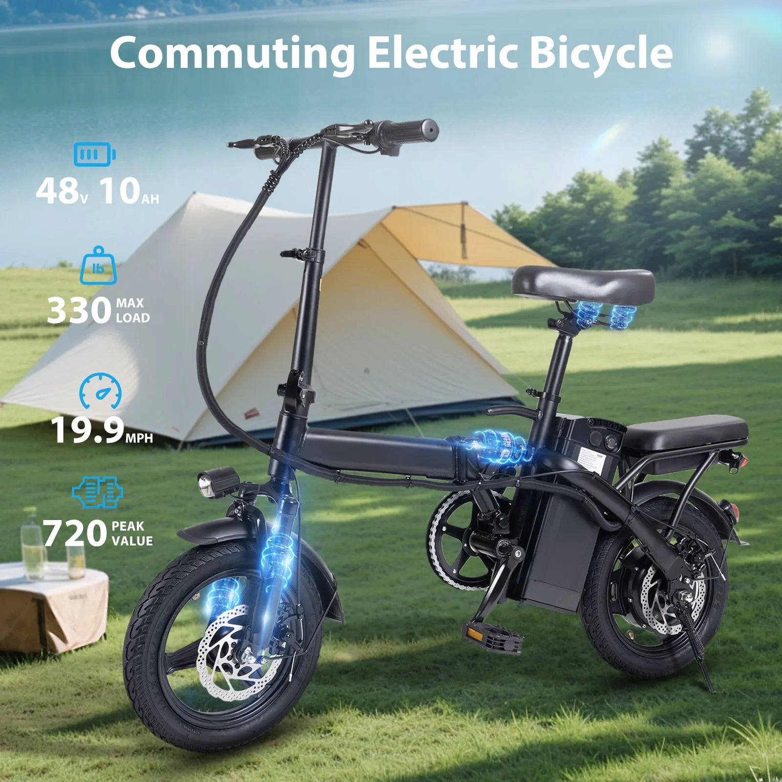 400W dual disc brake adult foldable electric bicycle with seat and basket 14 inches 48V 10.4Ah 22 mile range 20MPH