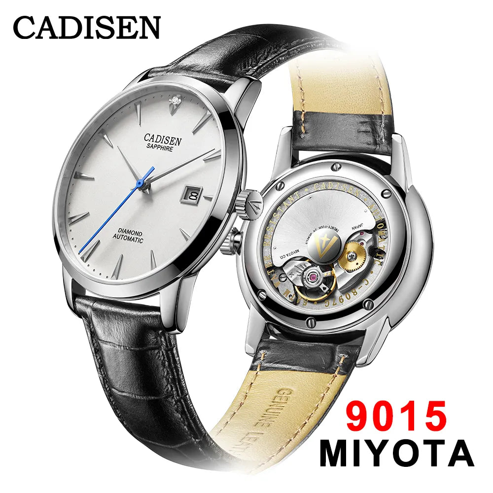 CADISEN Men Watches Automatic Mechanical Wrist Watch MIYOTA 9015 Top Brand Luxury Real Diamond Watch Curved Sapphire Glass Clock