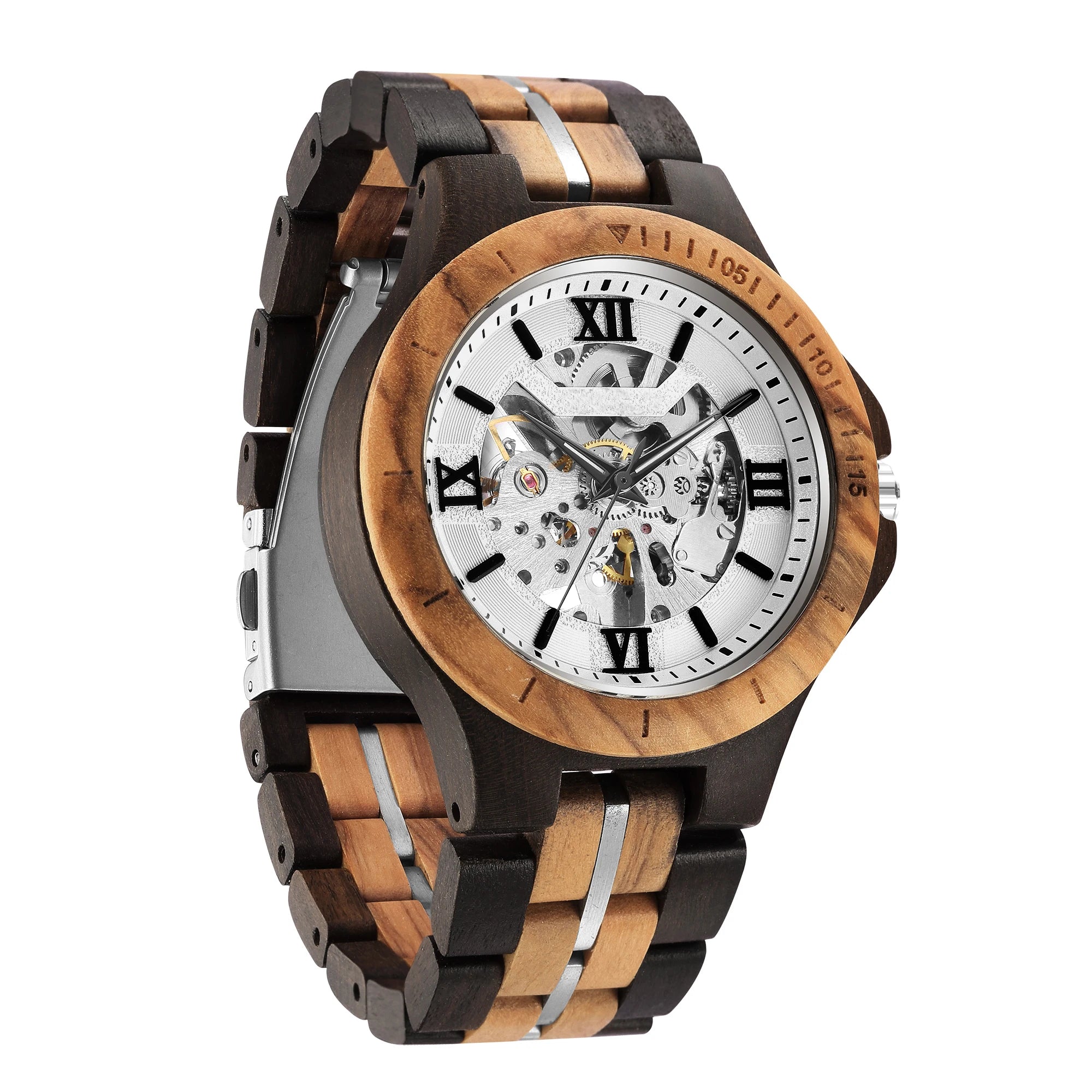 Hollow Wooden Men's Automatic Mechanical Watch Skeleton Dial Natural Wood Self-wind Wristwatch Clock