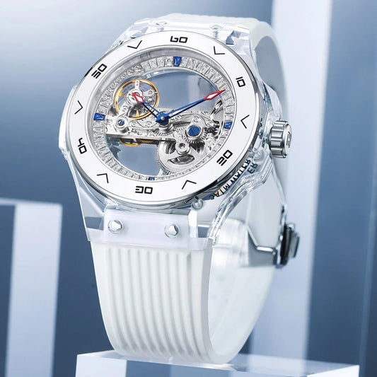 Women Luxury Watch 41.5mm Ladies Automatic Mechanical Wristwatch Waterproof Transparent Acrylic Case Ceramic Bezel