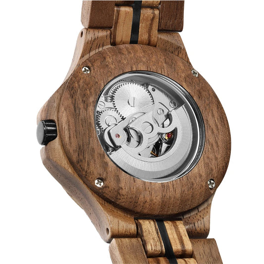 Hollow Wooden Men's Automatic Mechanical Watch Skeleton Dial Natural Wood Self-wind Wristwatch Clock