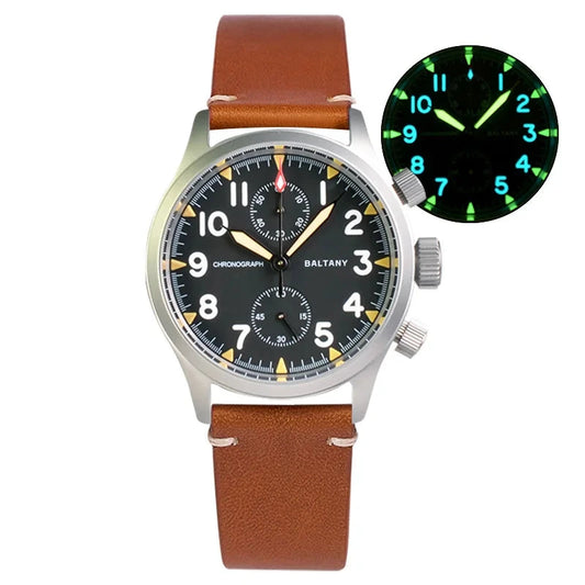 Baltany Pilot Chronograph Quartz Watch for Men Stainless Steel 39mm 