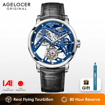 AGELOCER Original Tourbillon Watch Fashion Men's Business Formal Luxury Skeleton Manual Mechanical Watch Birthday Gift for Men