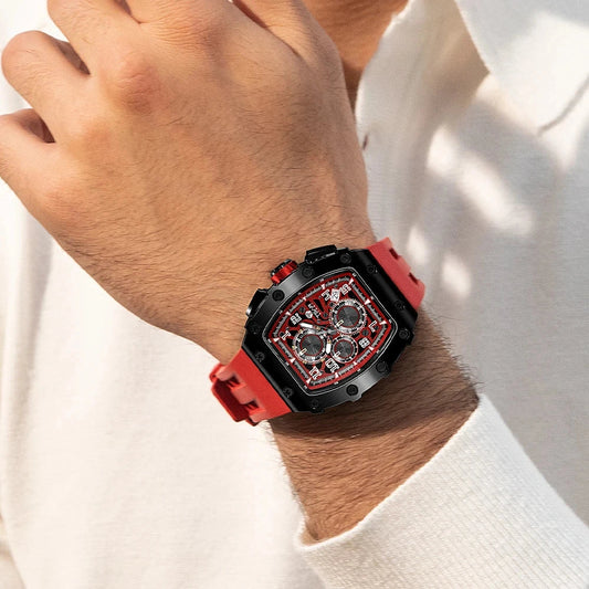 TSAR BOMBA Tonneau Watches Sapphire Crystal Red Wristwatch Waterproof 