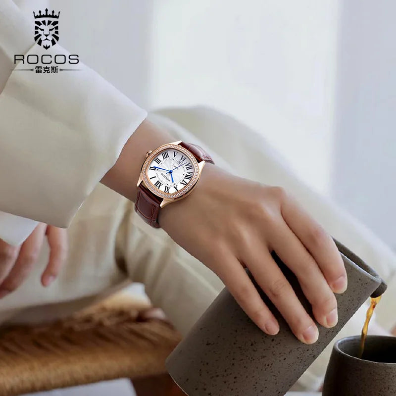 ROCOS Luxury Women Watch Fashion Elegant Diamond Wristwatch Leather RO