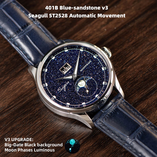 Luxurious Men's Mechanical Watch with real blue stone dial, ST2528 movement, and moon phase complication.