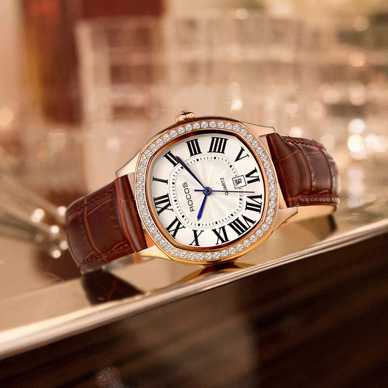 ROCOS Luxury Women Watch Fashion Elegant Diamond Wristwatch Leather RO